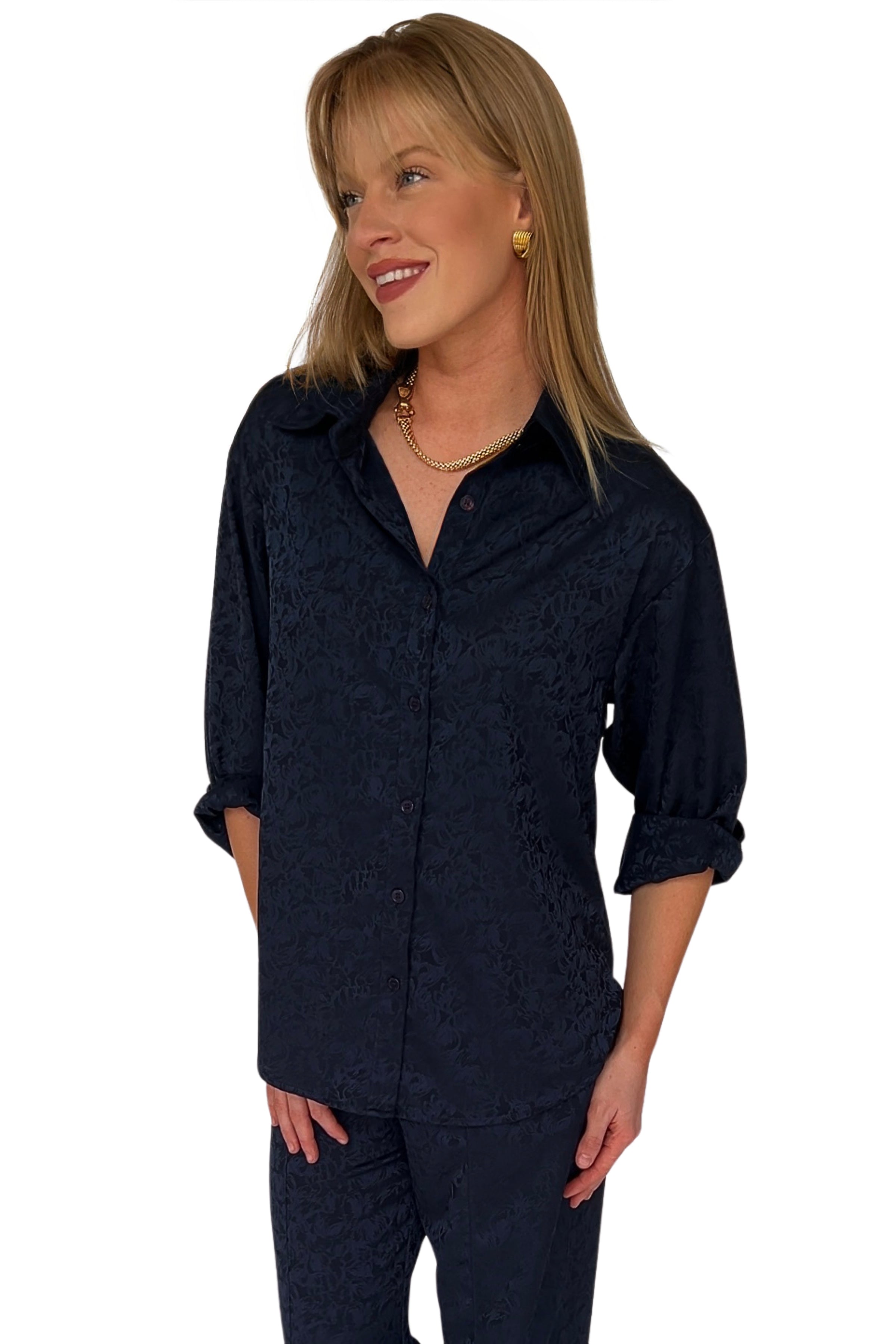 Remi Satin Jacquard Button Up Top