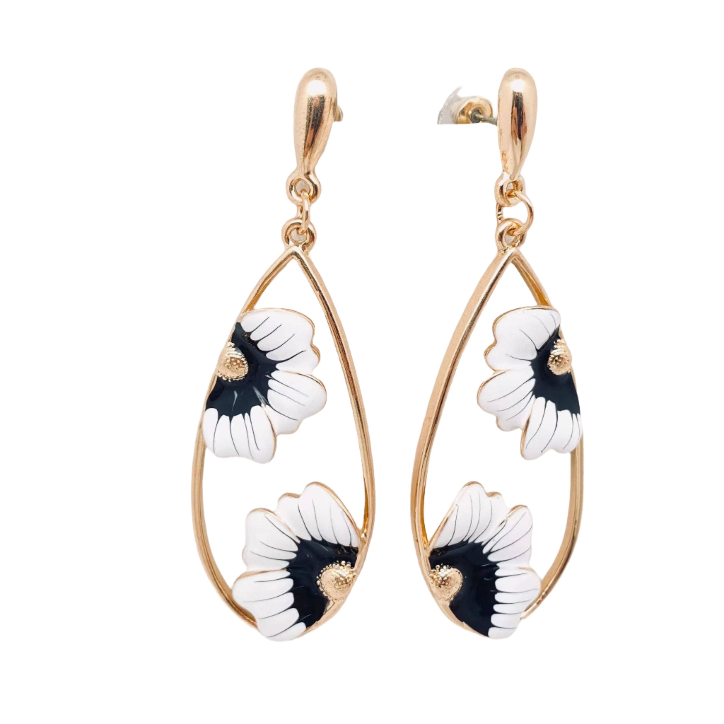 Enamel Flower Drop Metal Post Earrings