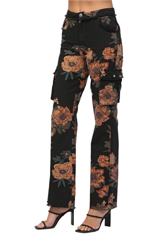 Monica Floral Print Cargo Denim Pants