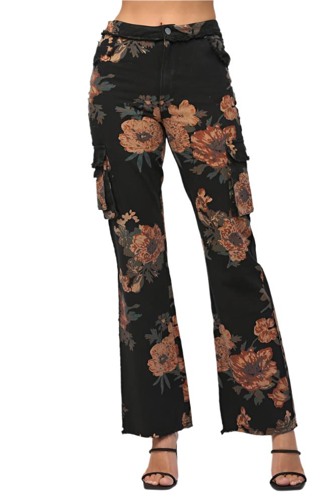 Monica Floral Print Cargo Denim Pants