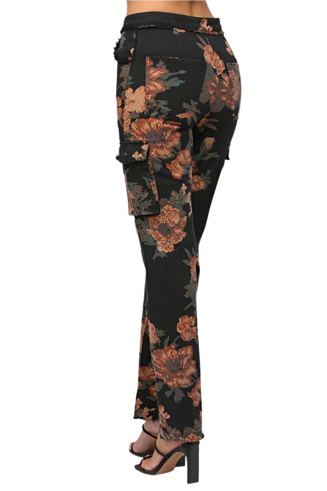 Monica Floral Print Cargo Denim Pants