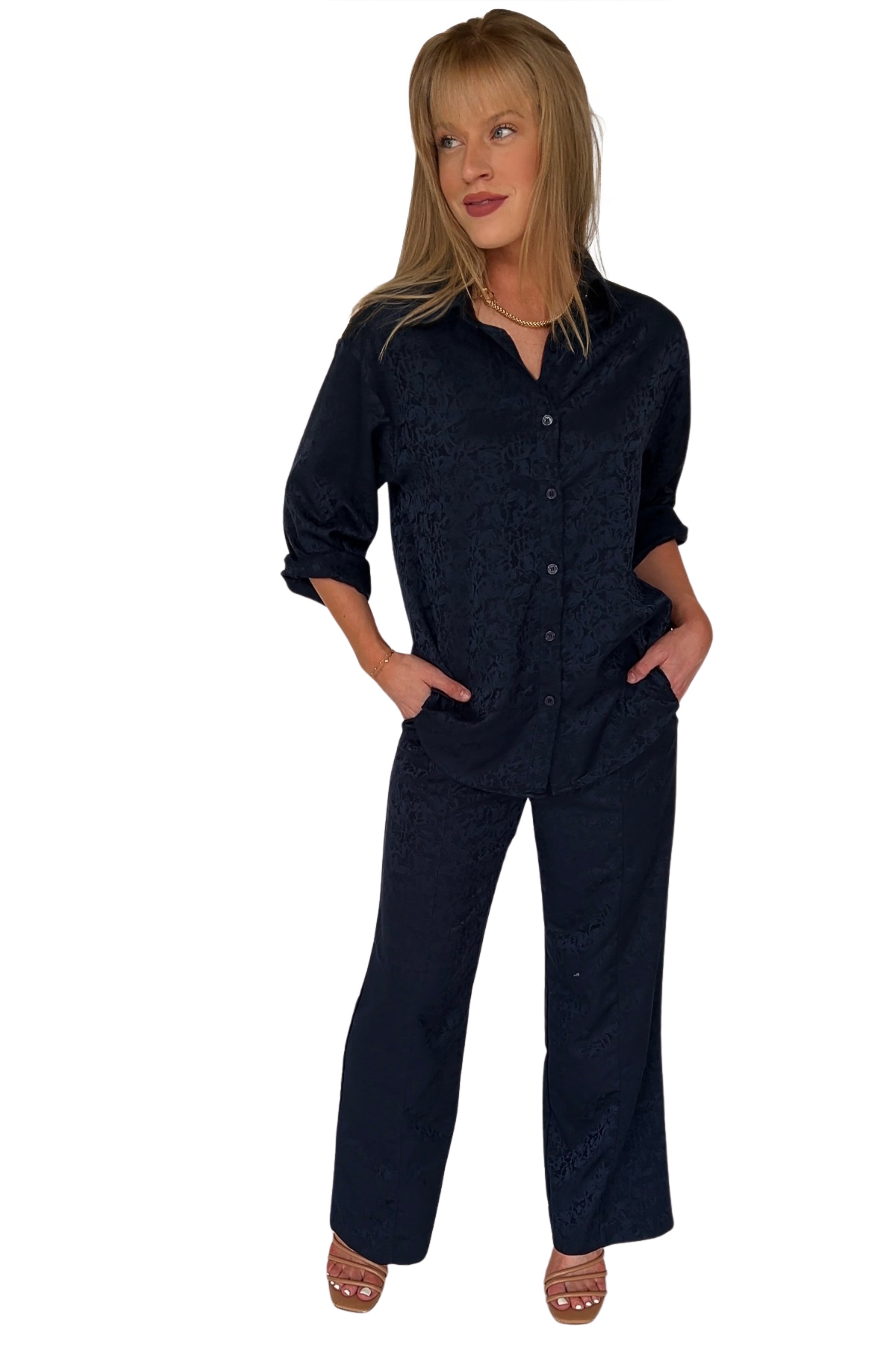 Remi Satin Jacquard Button Up Top