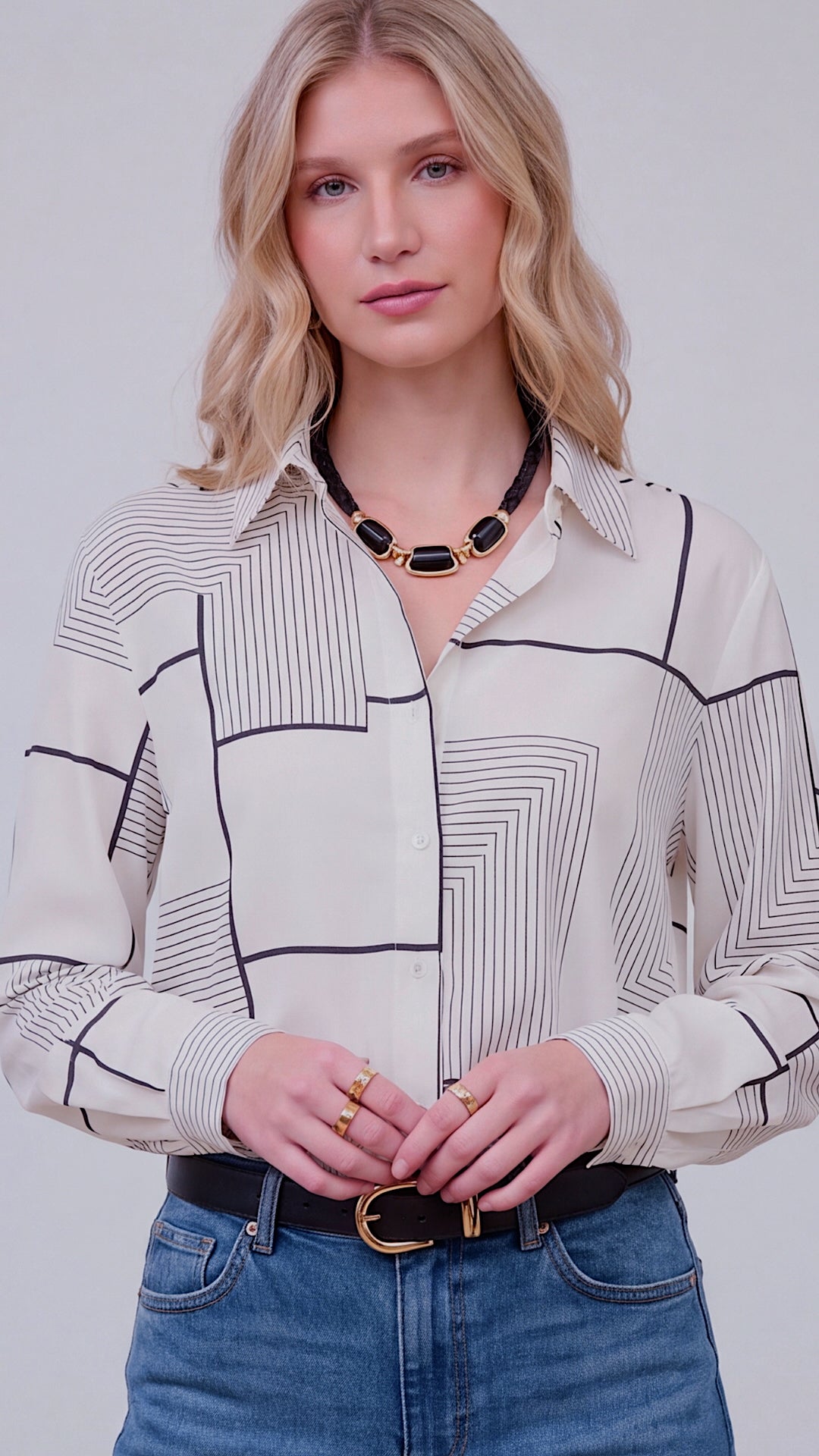 Celine Geometric Print Button Down Blouse
