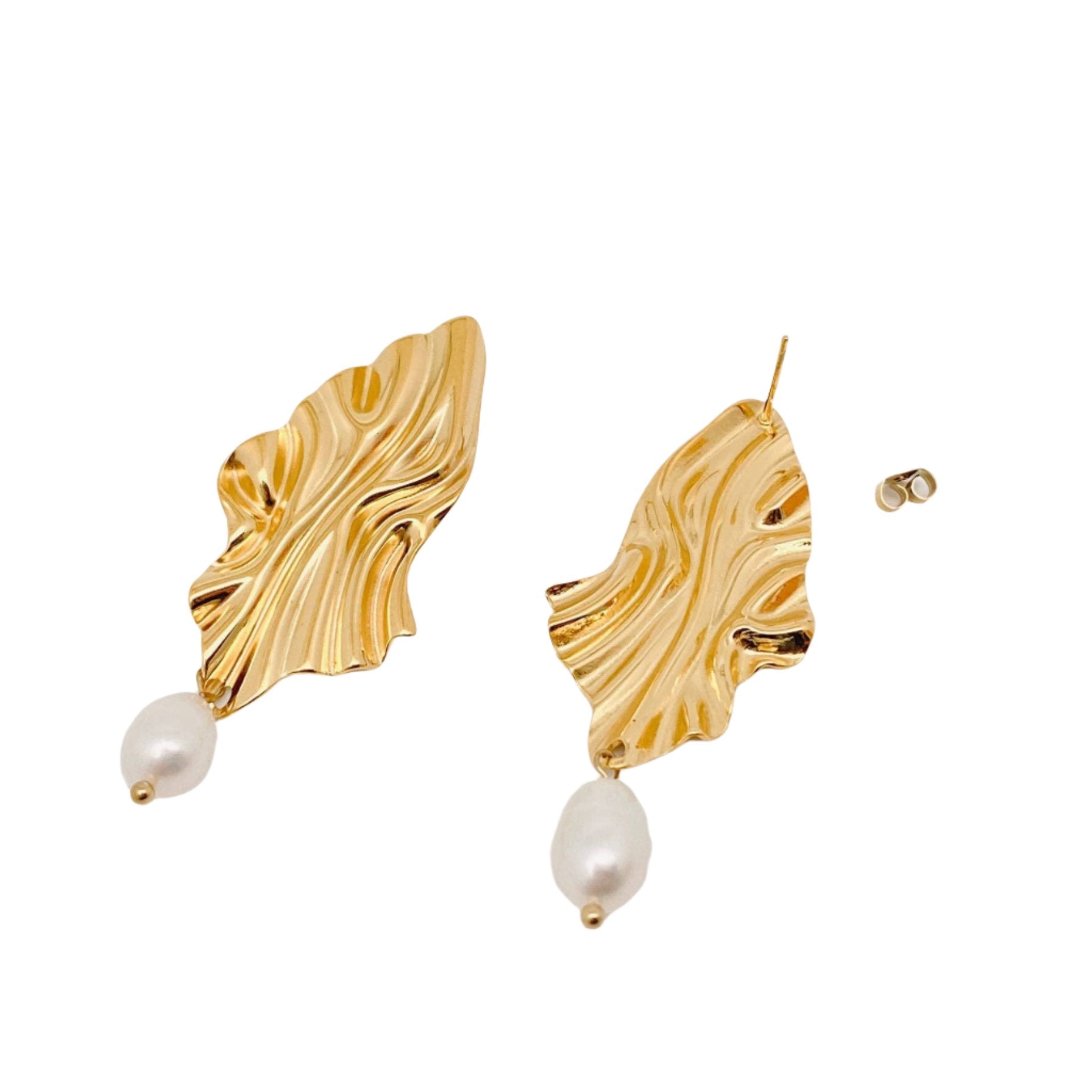 Pleated Textured Pearl Gold Plated Earrings