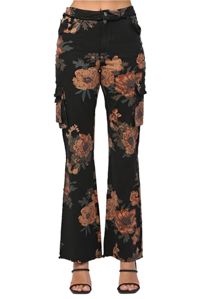 Monica Floral Print Cargo Denim Pants