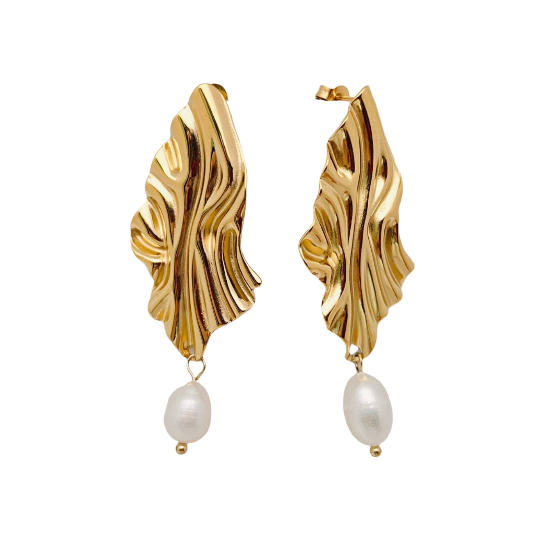 Pleated Textured Pearl Gold Plated Earrings