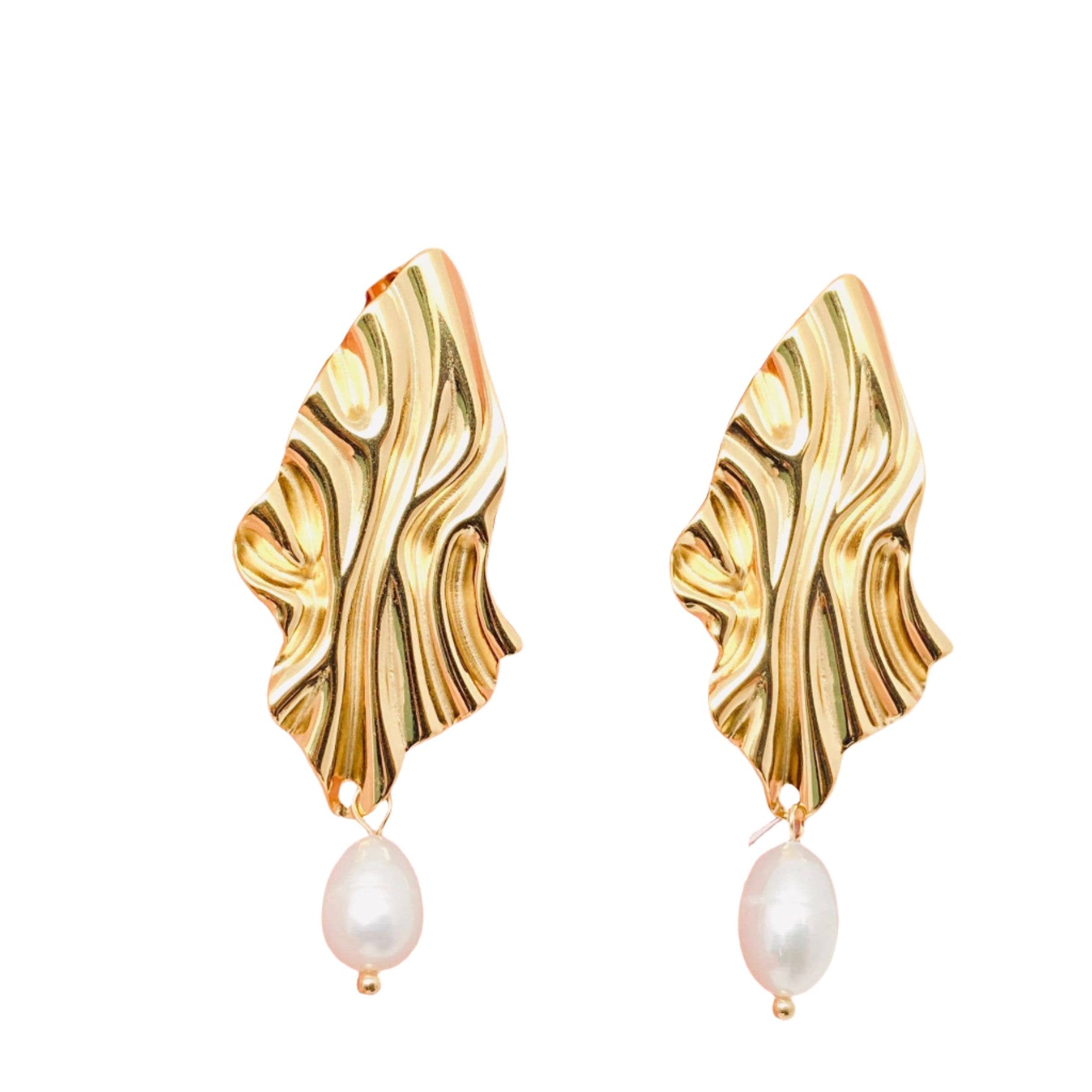 Pleated Textured Pearl Gold Plated Earrings