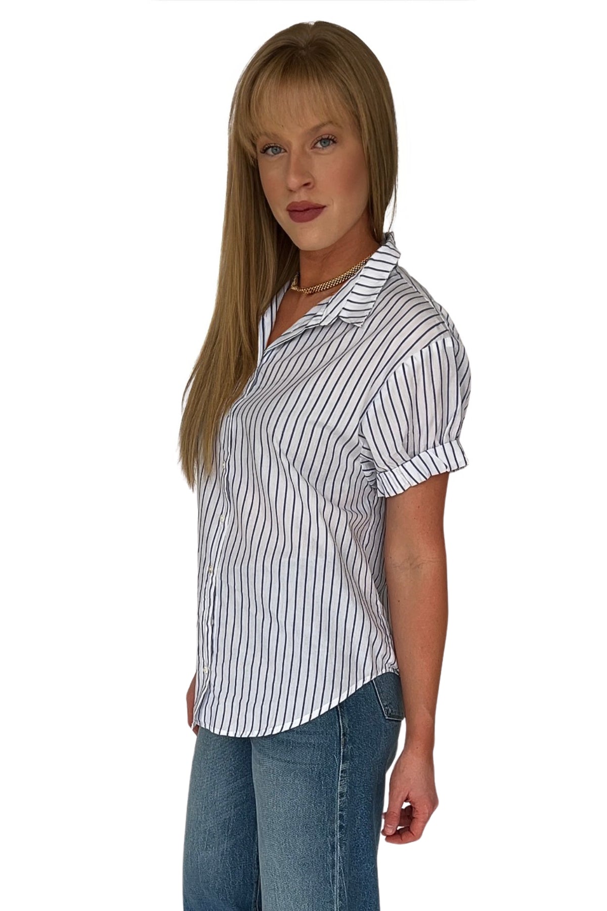 Jane Striped Short Sleeve Button Down Top