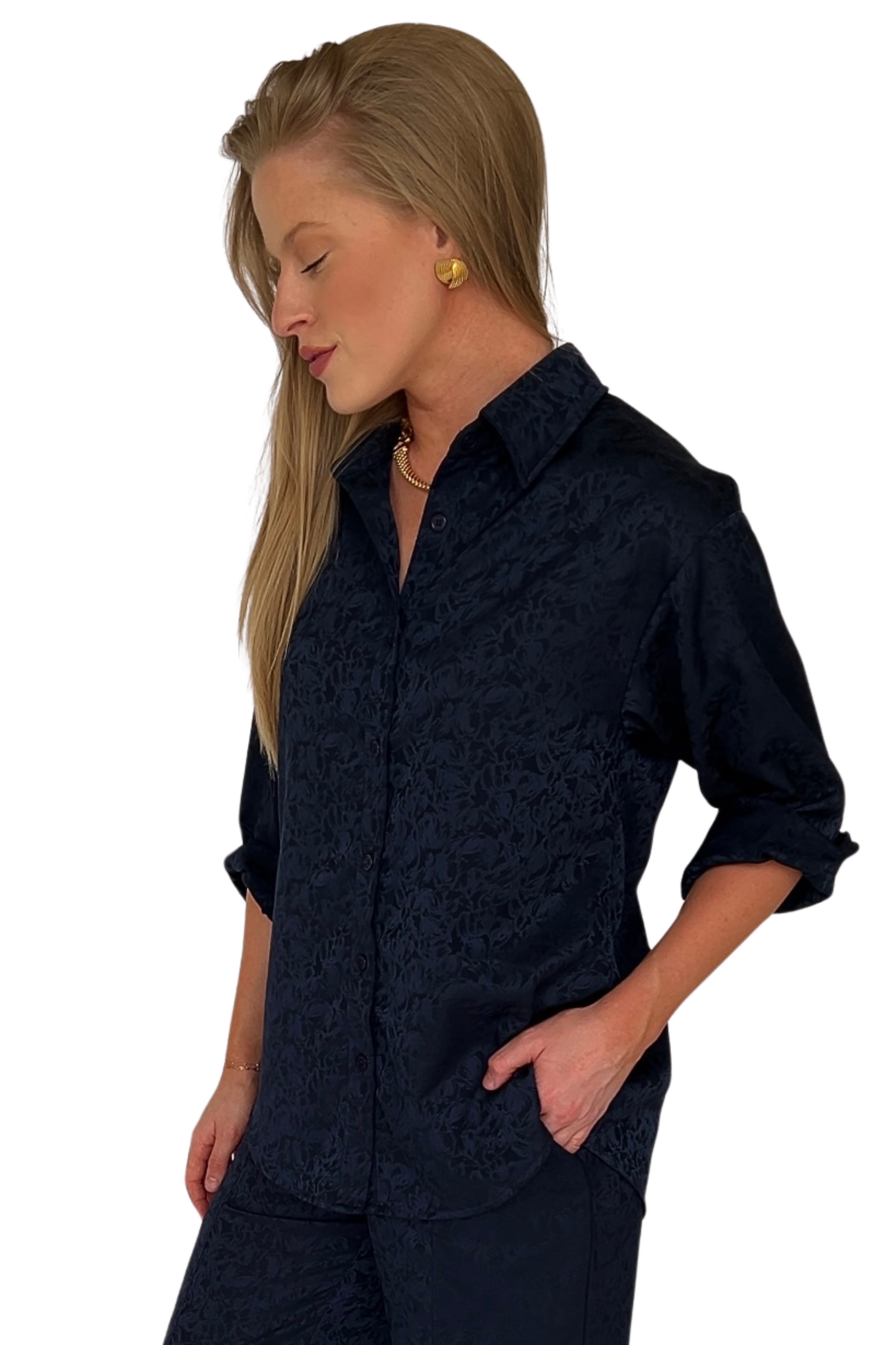 Remi Satin Jacquard Button Up Top