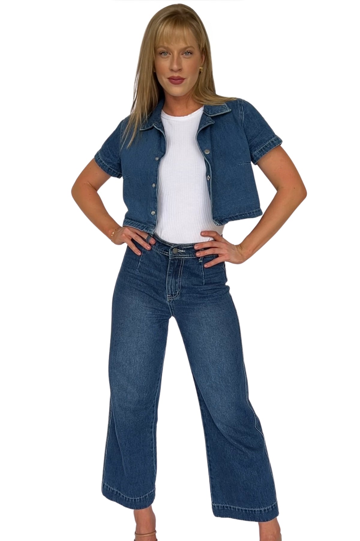 Amora Denim Top and Ankle Wide Leg Pant Set