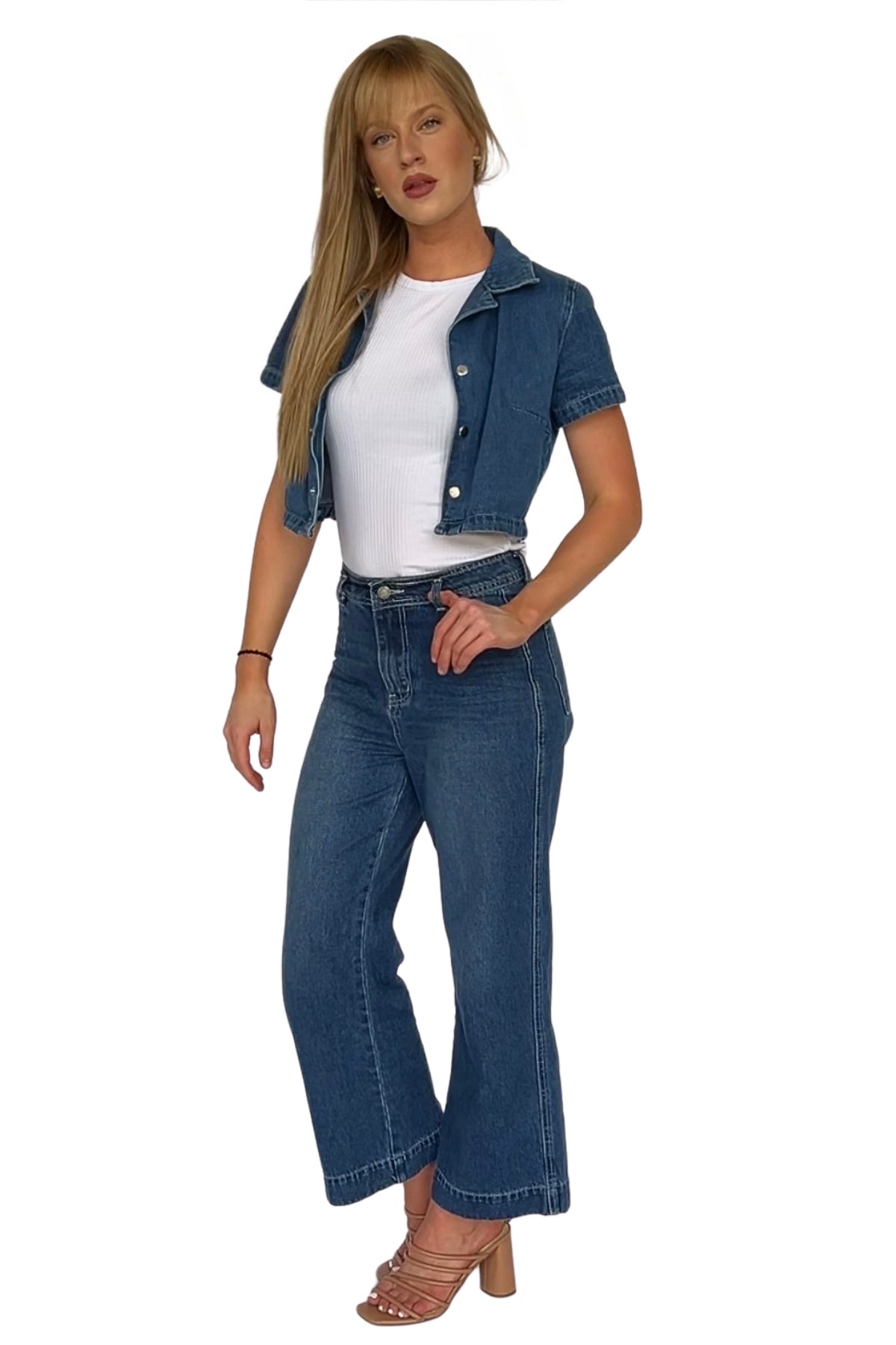 Amora Denim Top and Ankle Wide Leg Pant Set