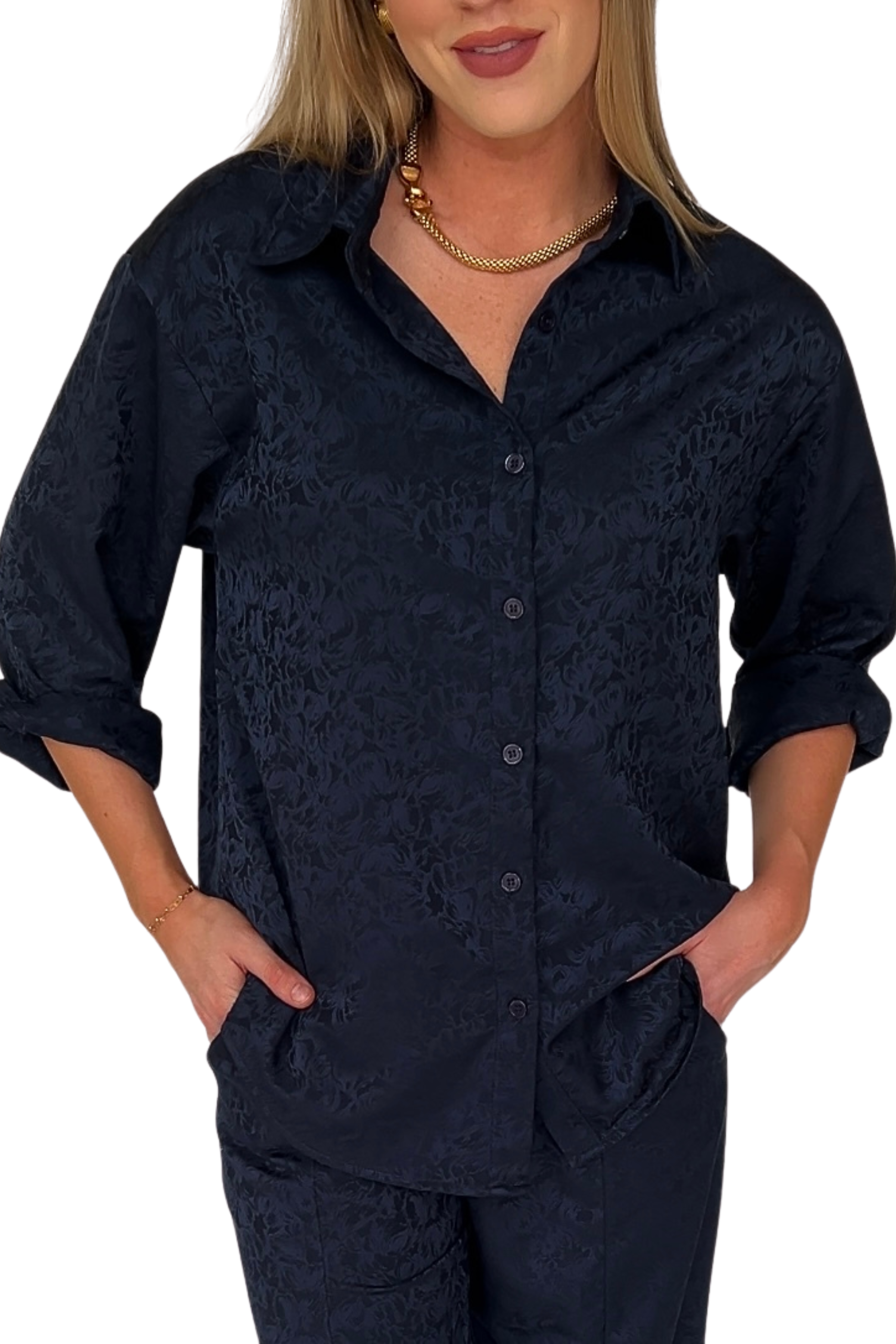 Remi Satin Jacquard Button Up Top