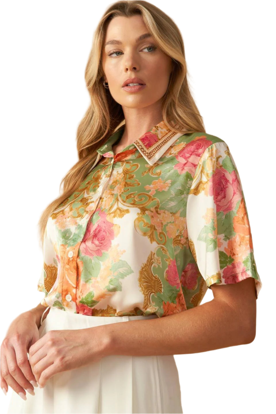 Faye Printed Short Sleeve Button Down Top