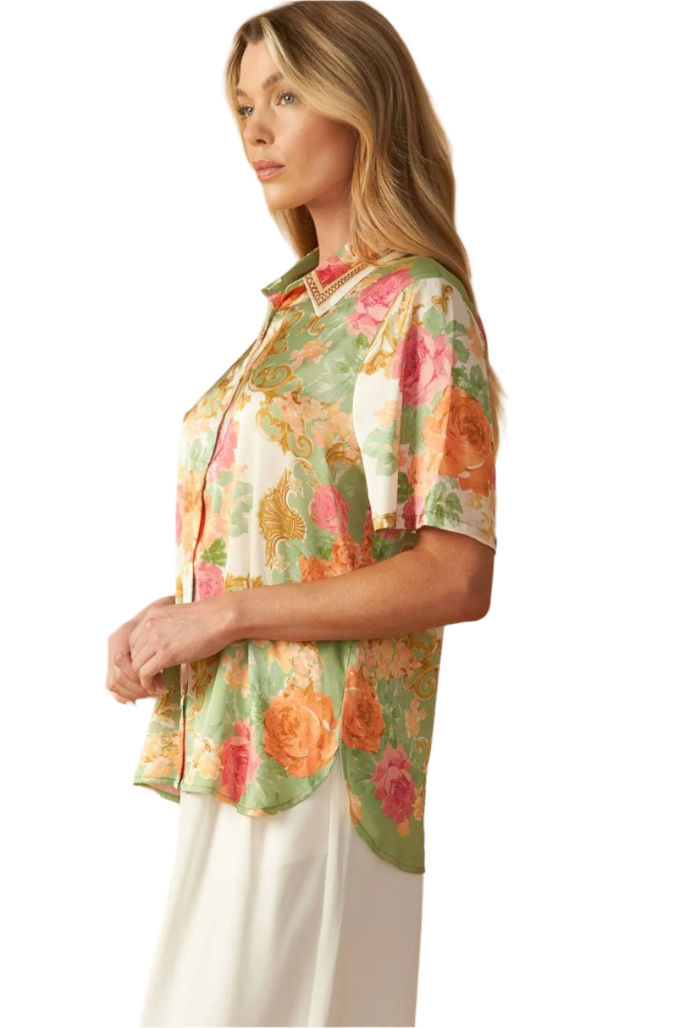 Faye Printed Short Sleeve Button Down Top