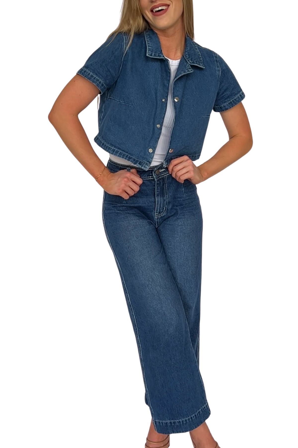 Amora Denim Top and Ankle Wide Leg Pant Set