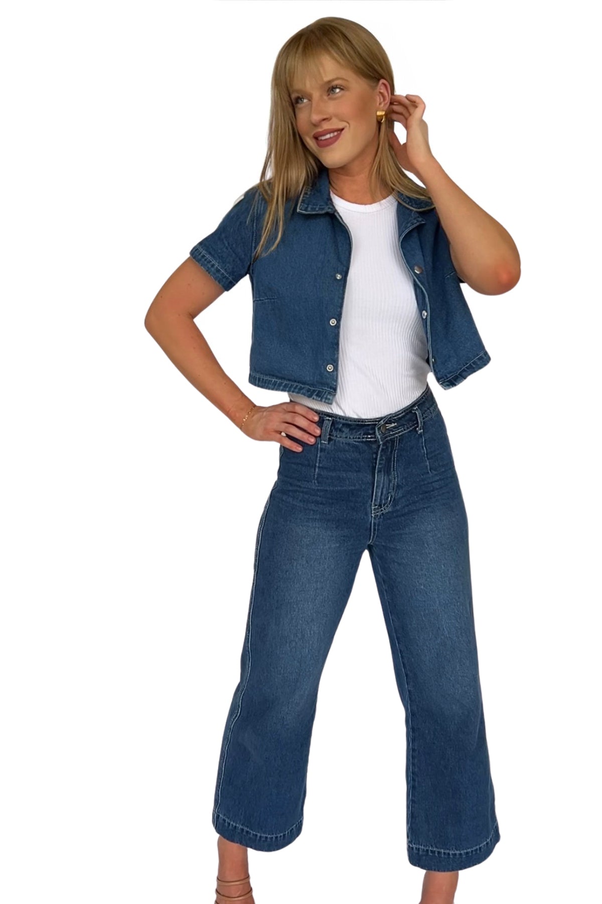 Amora Denim Top and Ankle Wide Leg Pant Set