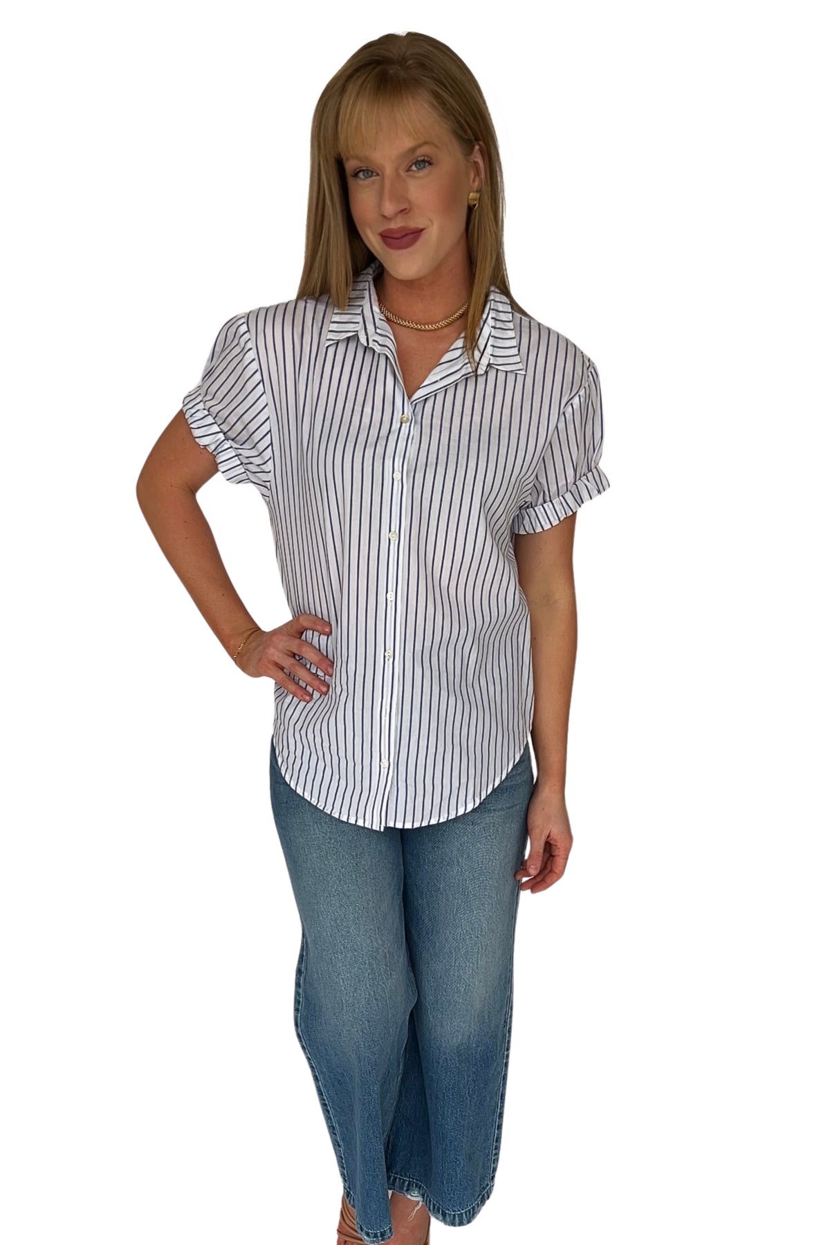 Jane Striped Short Sleeve Button Down Top