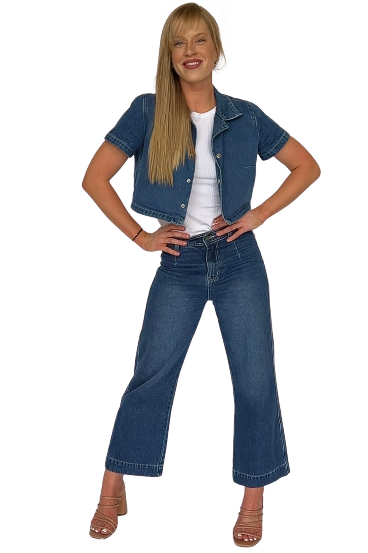 Amora Denim Top and Ankle Wide Leg Pant Set