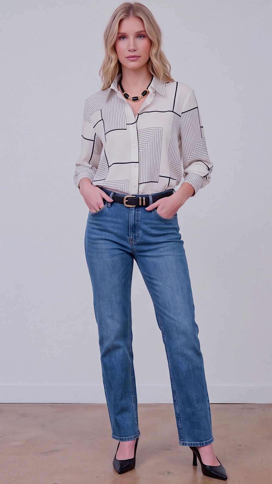 Celine Geometric Print Button Down Blouse